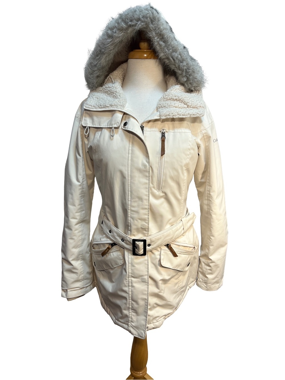 Columbia Women’s S Ivory Cream Belted Winter Coat Faux Fur Hood Sherpa Lined